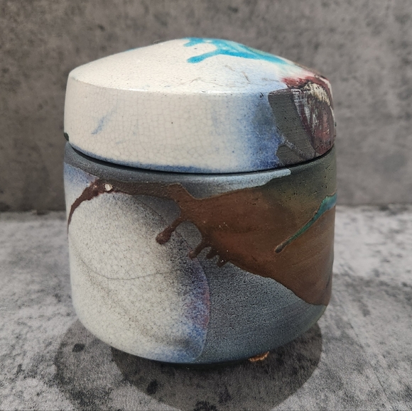 Vtg Handmade Ceramic Pottery Canister With Lid Abstract Art Splatter Decor OOAK - Picture 2 of 8